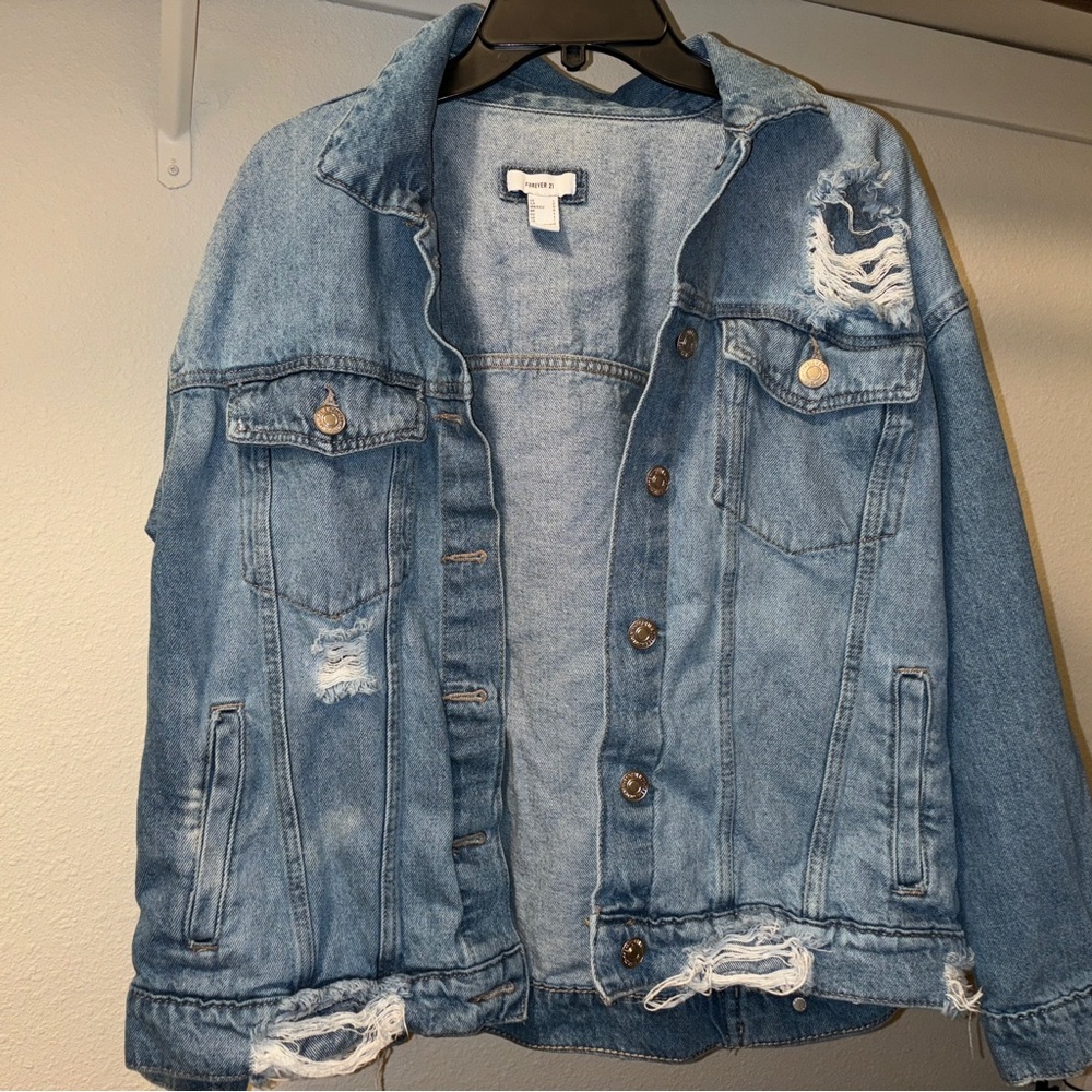 Forever 21 Large Blue Ripped Denim Jacket